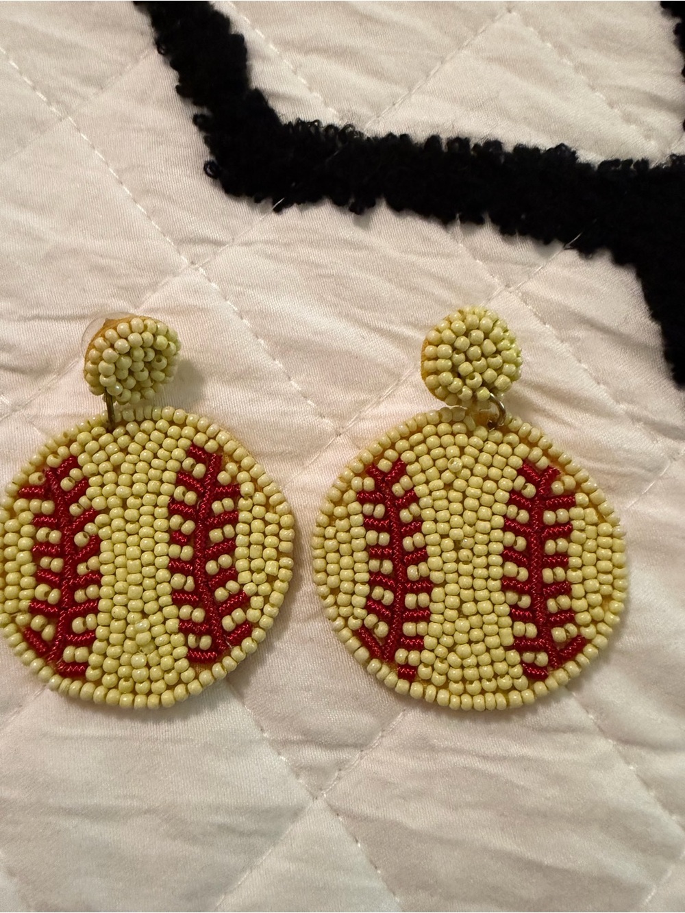 Beaded Yellow & Red Softball Drop Earrings - Women Accessories